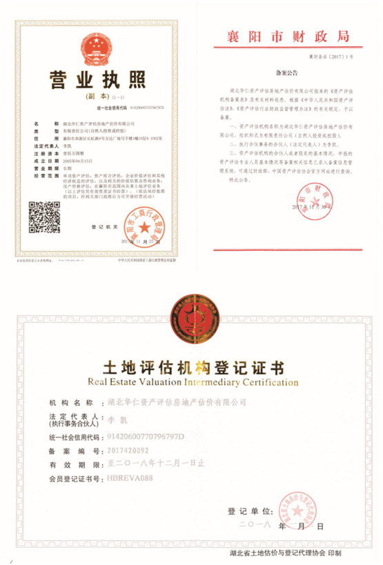 華仁資產(chǎn)評(píng)估房地產(chǎn)估價(jià)有限公司營(yíng)業(yè)執(zhí)照、資產(chǎn)評(píng)估備案公告、土地評(píng)估機(jī)構(gòu)登記證書(shū).jpg