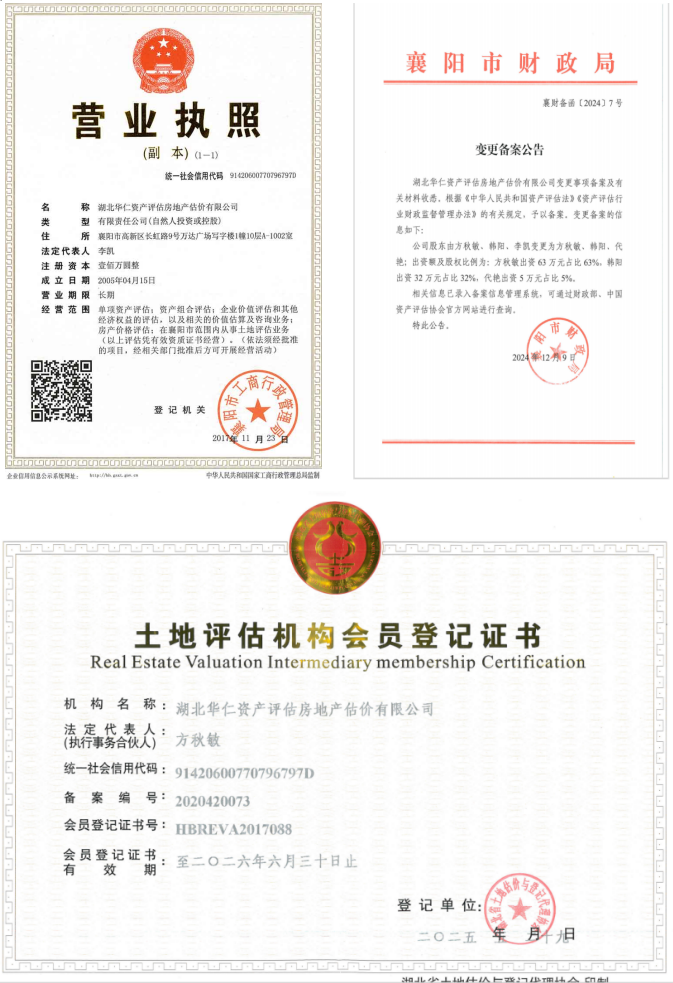 華仁資產評估房地產估價有限公司營業(yè)執(zhí)照、資產評估備案公告、土地評估機構登記證書